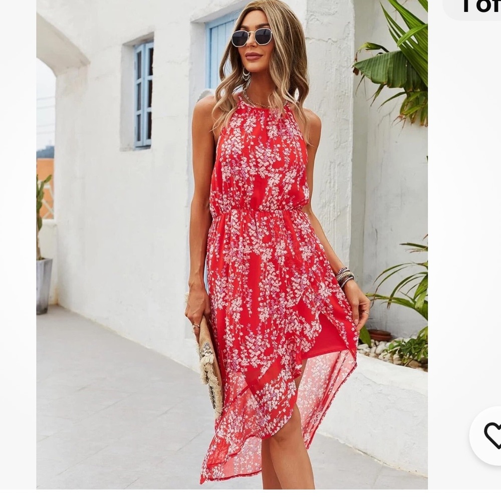 EcoWish Sundress Midi Boho Halter Sleeveless Asymmetrical Red Floral Cocktail - Picture 2 of 8